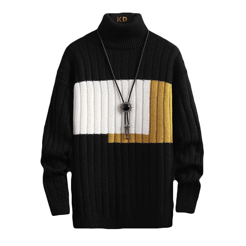 Square Color Stitching Thickened Turtleneck Men's Knitted Sweater